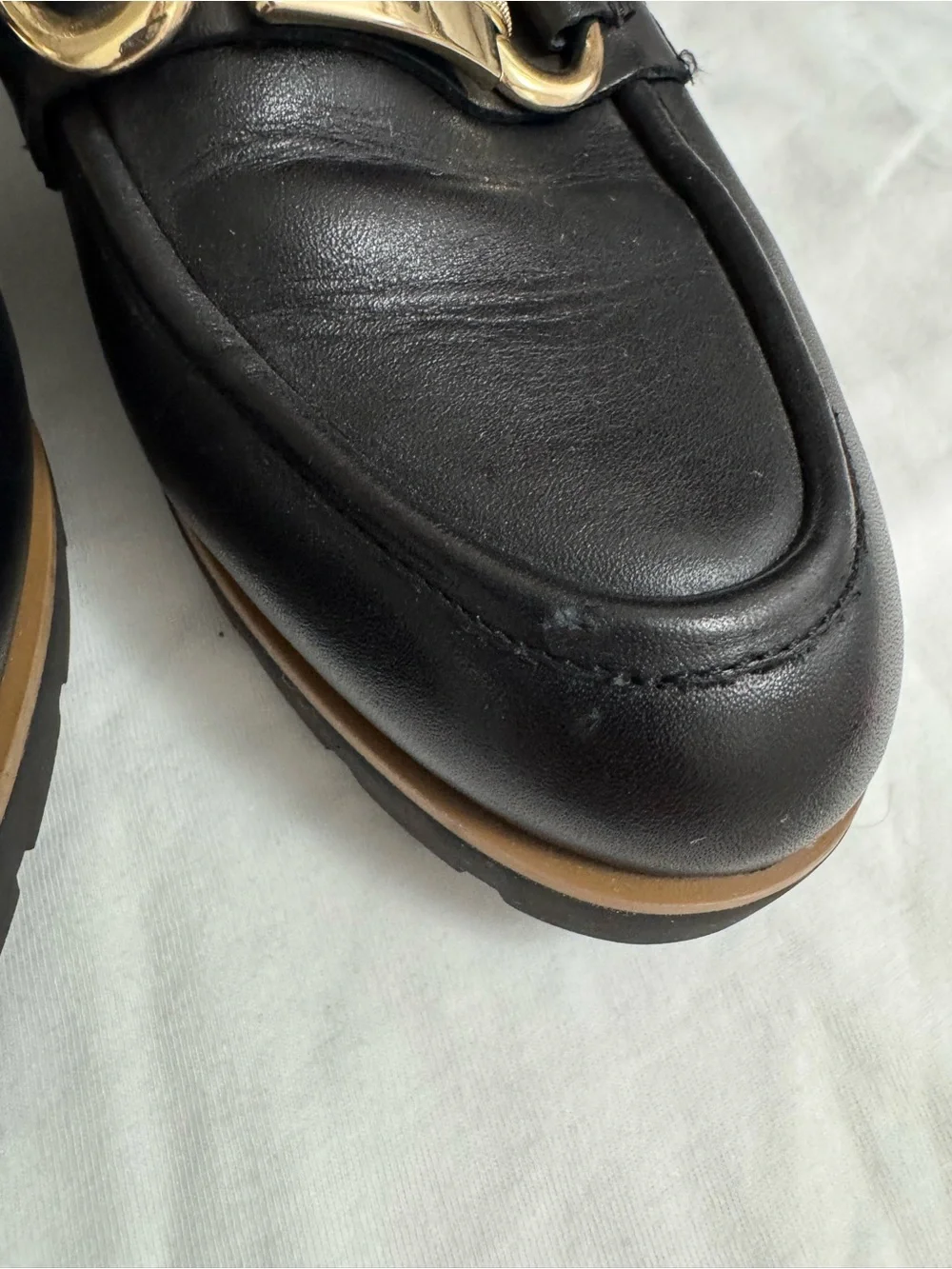 kate spade Black Leather Loafers with Gold Chain Hardware
